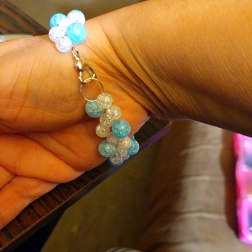 Hand-made Crocheted Crackle Glass Beads Ice Blue and White colors